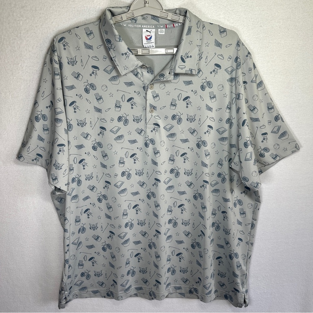 Puma Volition America Polo Shirt Mens XXL Summer Theme Grill BBQ Bike Beach Flag